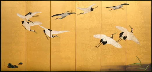 Rør og traner, Edo-perioden (farver på forgyldt silke)